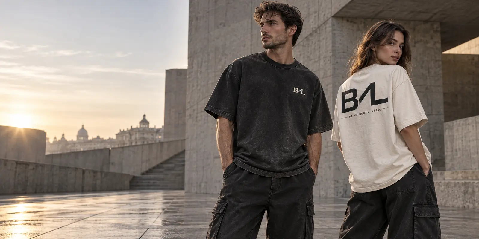 Modelos BAL con camisetas lavadas en un espacio de arquitectura de hormigón